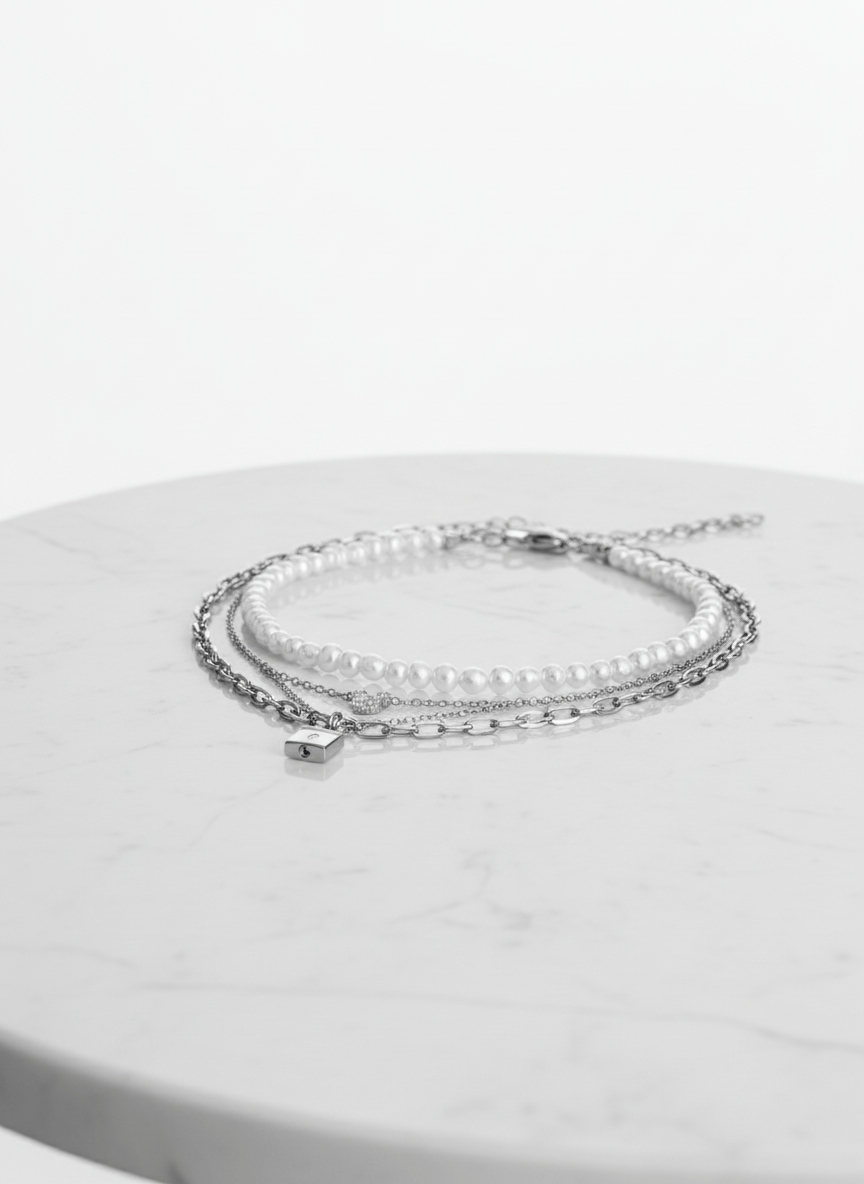 Layered Pearl and Silver Chain Necklace Set