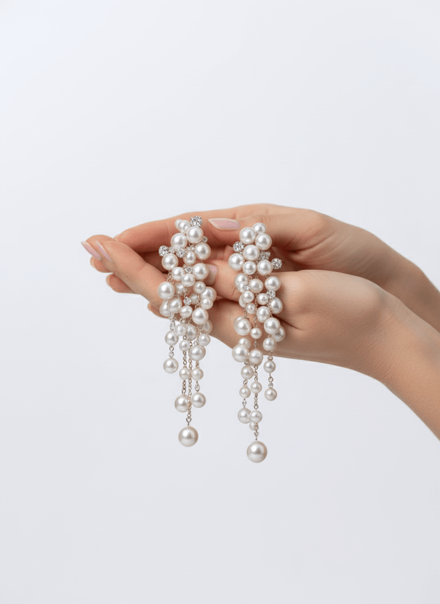 Gold Cascade Earrings with Pearls and Diamonds