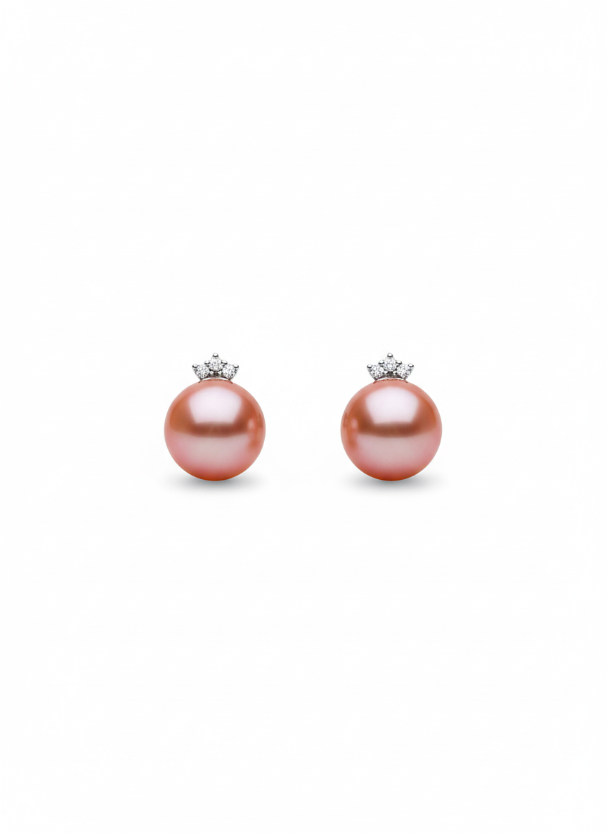 Pink Pearl Stud Earrings with Diamond Accent