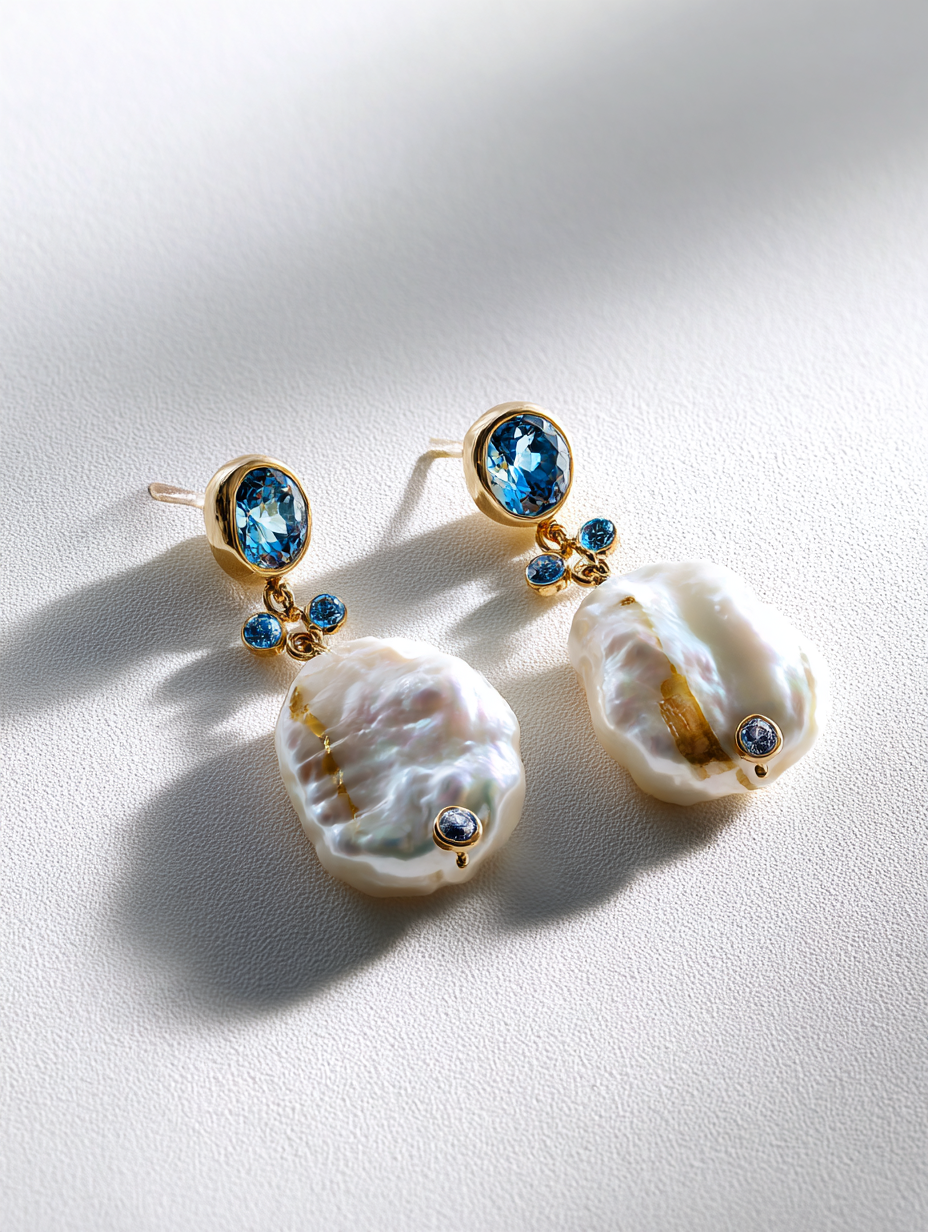 Blue Topaz and Baroque Pearl Drop Earrings in Gold