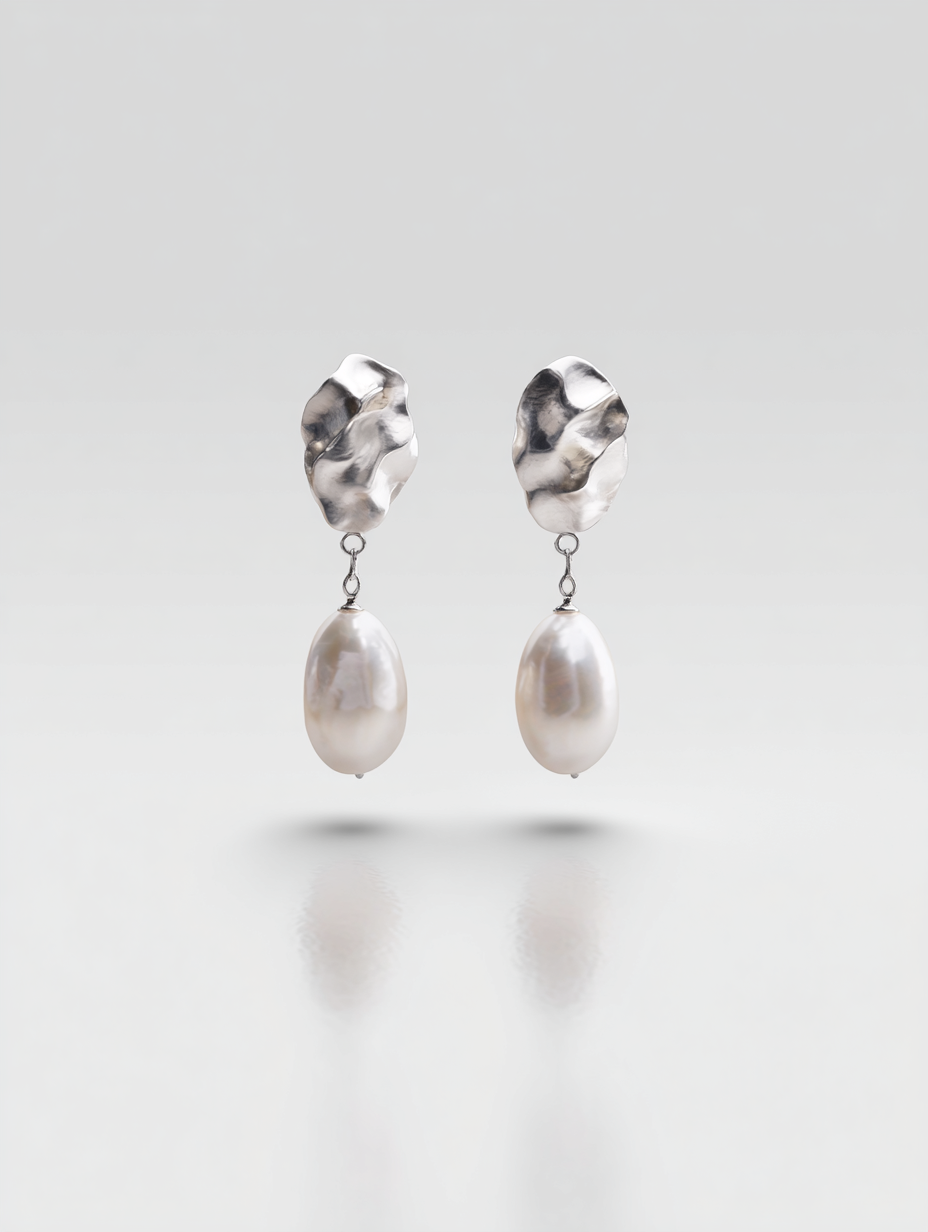 Sculpted Silver and Pearl Drop Earrings