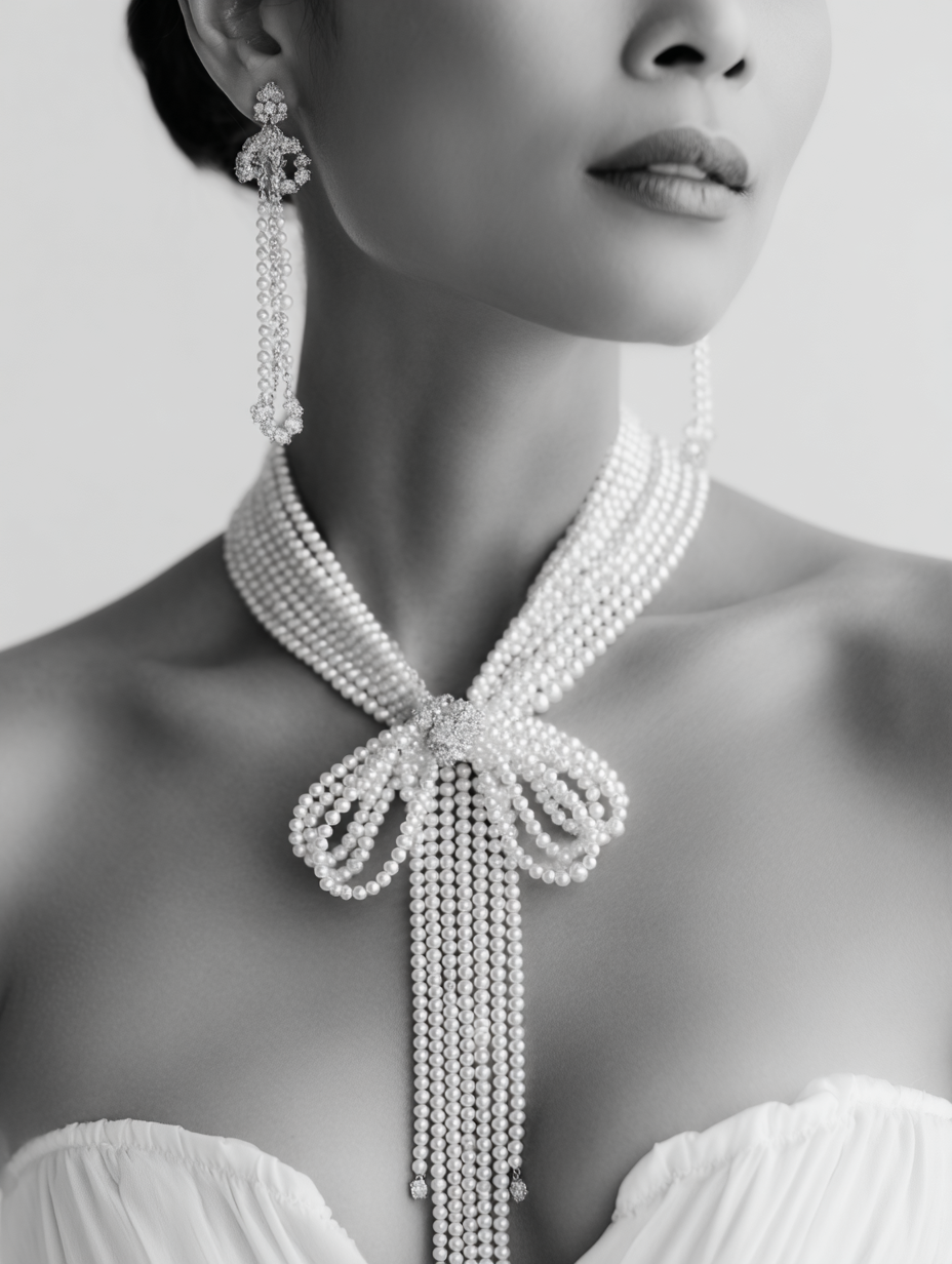 Pearl Bow Necklace and Long Drop Earrings Set