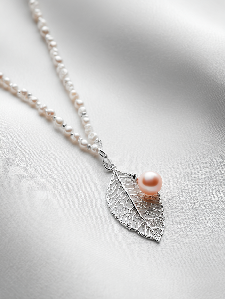Pink Pearl and Diamond Leaf Pendant Necklace